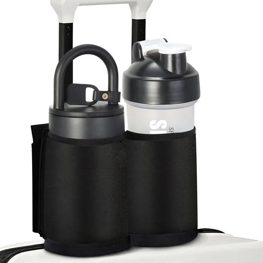 Suitcase beverage caddy holding a drink while traveling