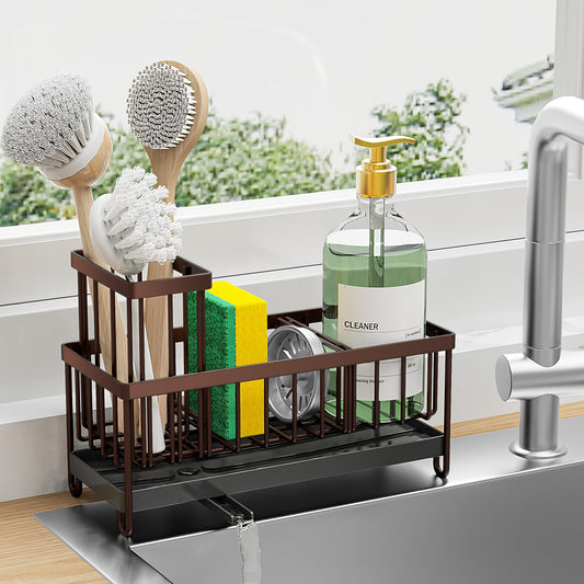 Brown stainless steel kitchen sink organizer with rotatable spout