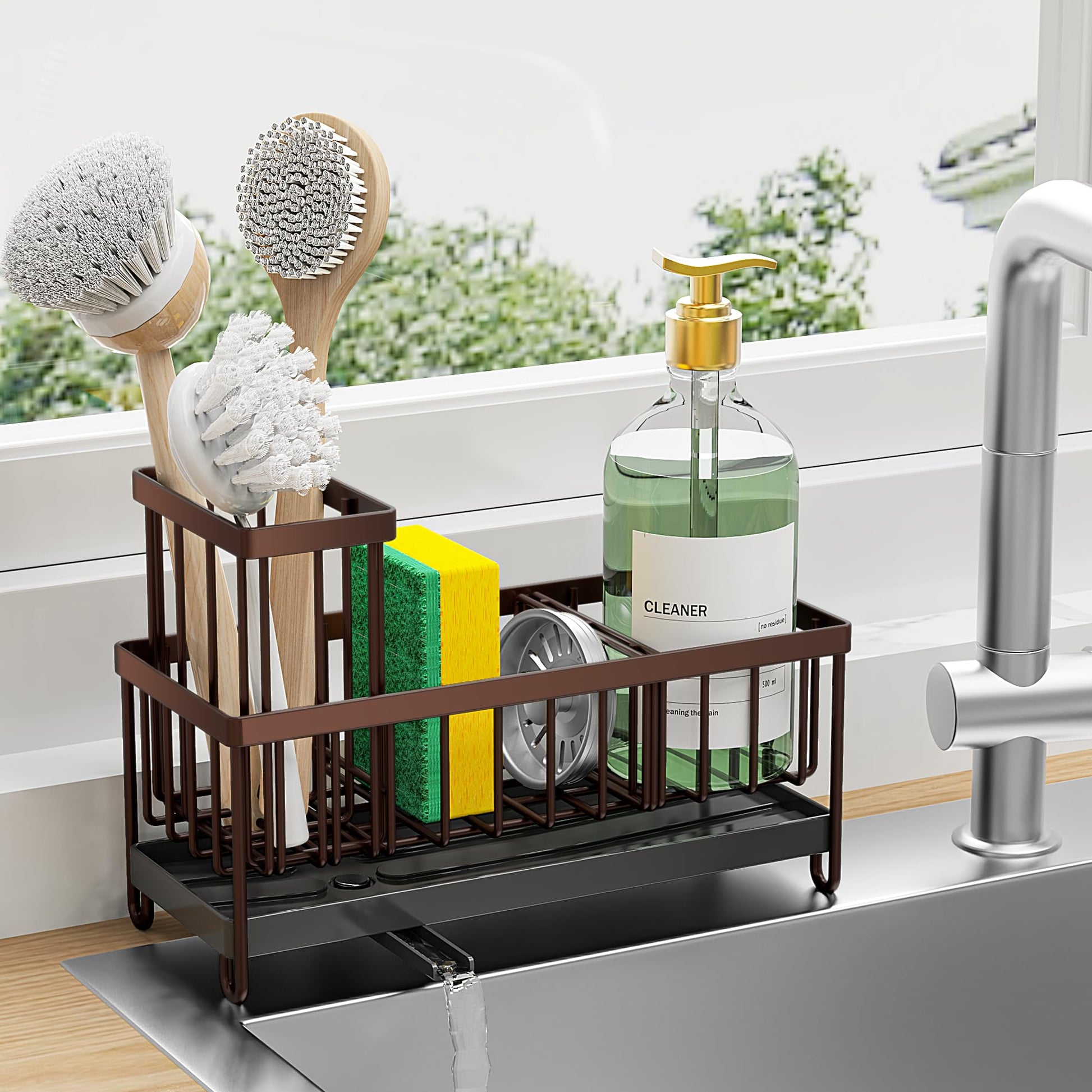 Cisily kitchen sink organizer holding sponge and soap dispenser